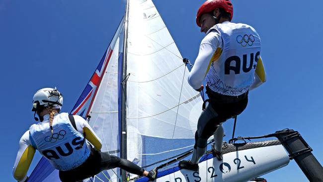 MARSEILLE, FRANCE - JULY 26: Rhiannan Brown and Brin Liddell of Australia practice in their Mixed Multihull ahead of the Paris Olympics at the Marseille Marina on July 26, 2024 in Marseille, France. (Photo by Phil Walter/Getty Images)