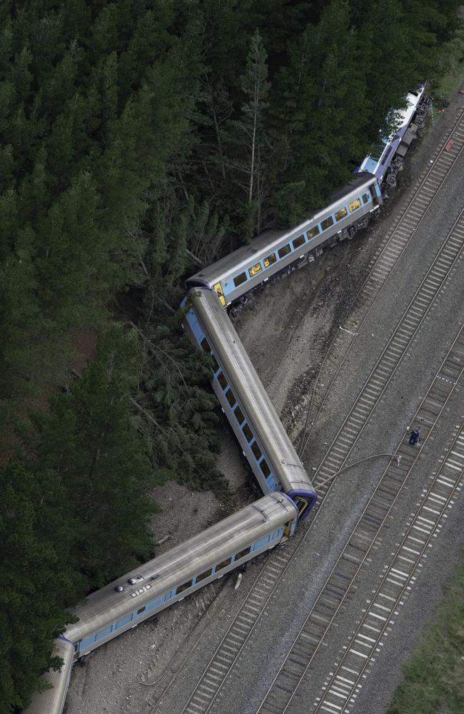 The XPT train derailed at Wallan at 7.45pm, killing the driver and the train’s pilot. Picture: Tony Gough