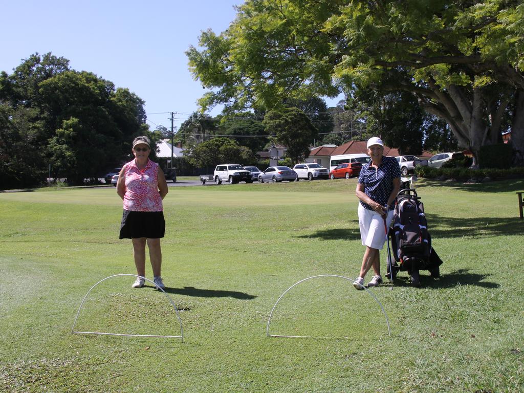 GOLFING GALS: Lismore Women's Golf Club member Nola Lobban and club captain Cheryl Booker said following social distancing guidelines allows their players to enjoy playing the game which is beneficial for physical and mental health. Photo: Alison Paterson