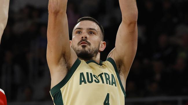 NCA. MELBOURNE, AUSTRALIAÃ July 4 , 2024.  BASKETBALL. Australian Boomers vs China at John Cain Arena, Melbourne.  Chris Goulding with a long range 3 pointer     . Pic: Michael Klein