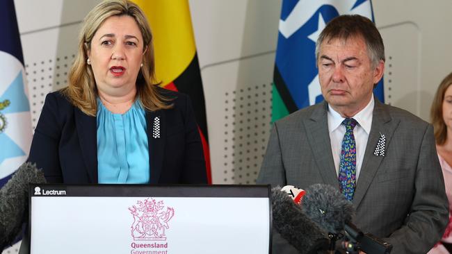 Queensland Premier Annastacia Palaszczuk and DNA inquiry commissioner Walter Sofronoff during a press conference at the handing down of the DNA Inquiry report in Brisbane in December, 2022.