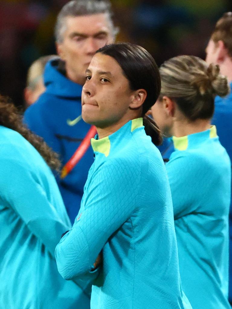 Australia's Women's World Cup captain Sam Kerr reacts during a press  conference in Brisbane, Australia, Saturday, July 29, 2023. Kerr says  she'll be available for Australia's must-win Women's World Cup game against