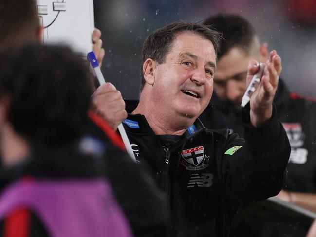 Ross Lyon wasn’t happy in the box on Saturday night. Picture: James Elsby/AFL Photos via Getty Images