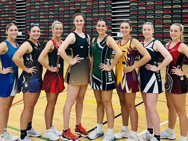 Townsville Premier League netballers (L-R) Hilary McKenzie, Shakira Koskela, Megan Tomarchio, Amy Butterworth, Meghan Marbelli, Amie Taylor, Phoebe Stothart and Anna Child ahead of the 2024 Pre-Season Cup final. Picture: Shaantel Hampson / TCNAI