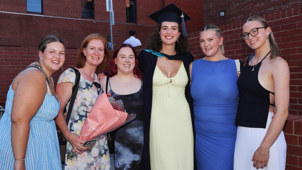 Julia Sweeney Cootes, Julie-Ann Sweeney, Olivia Brett, graduate Jessica Vlarchos, Michaela Berkery and Bethany Campbell. Picture: Alan Barber