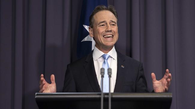 Health Minister Greg Hunt during a media conference on COVID-19 and the rollout of the government's vaccination program. Picture: NCA NewsWire / Gary Ramage