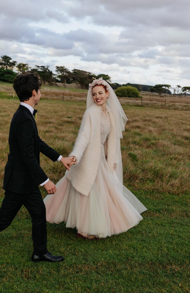 The bride wore a Paolo Sebastian dress, teamed with Paspaley pearls. Picture: Liz Sunshine/Vogue Australia