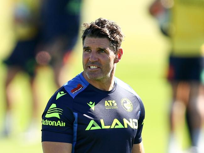 SYDNEY, AUSTRALIA - APRIL 23: Eels assistant coach, Trent Barrett looks on during a Parramatta Eels NRL Training Session at Kellyville Park on April 23, 2024 in Sydney, Australia.  (Photo by Brendon Thorne/Getty Images)