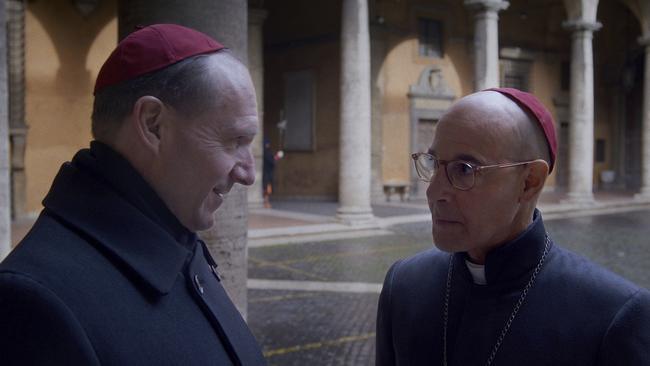 Ralph Fiennes, left, and Stanley Tucci. Some of the greatest dramatic licence in Conclave was the behaviour of Fiennes’ character Cardinal Lawrence. Picture: Focus Features via AP
