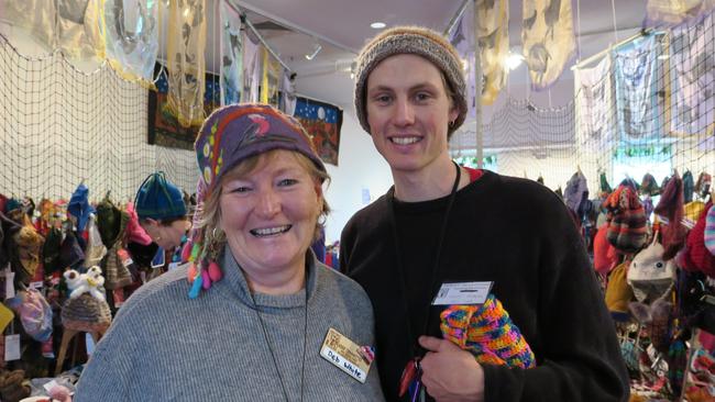 Vice chair of the Alice Springs Beanie Festival Deborah White and acting beanieologist Tom Nixon. Picture: Gera Kazakov