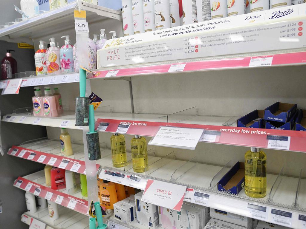 Shoppers around the world are being confronted with scenes like these as they frantically attempt to stock up on hand sanitiser. Picture: Justin Tallis/AFP