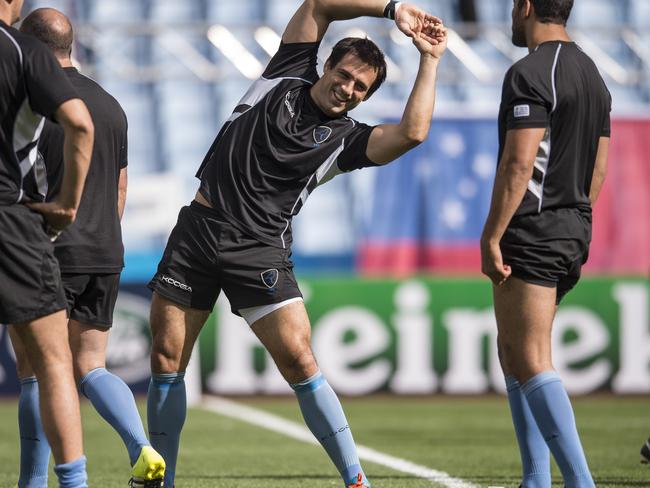 Uruguary's lock Santiago Vilaseca, centre, attends a training session at Villa park stadium in Birmingham. Picture: AFP