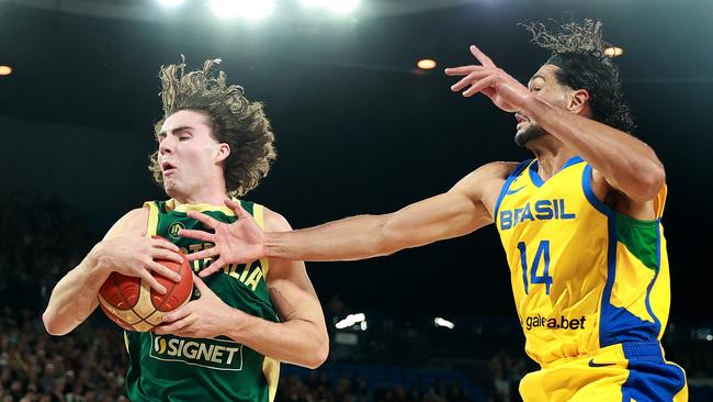 Josh Giddey of Australia takes possession of the ball during the match between the Australia Boomers and Brazil. (Photo by Kelly Defina/Getty Images)