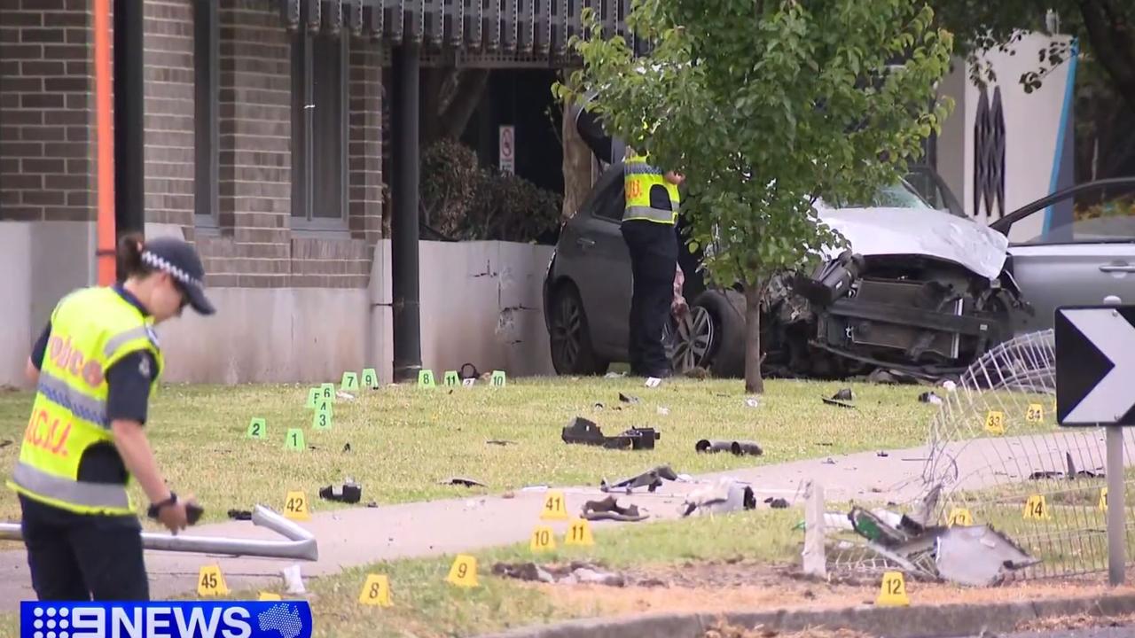 A pedestrian has died after he was hit by a car that mounted the footpath and crashed in Epping. Picture: 9News