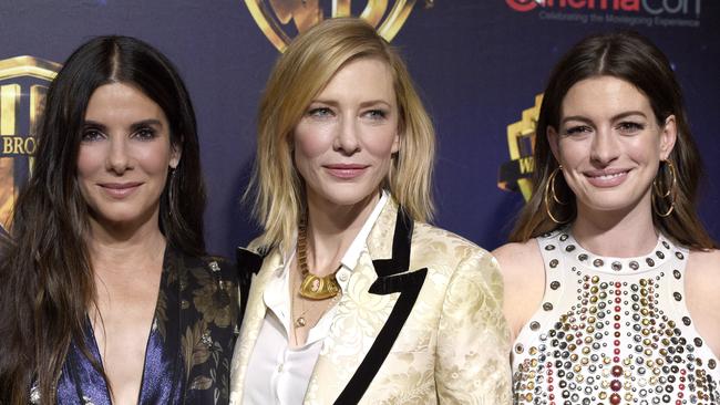 Cate Blanchett with Ocean’s 8 co-stars Sandra Bullock and Anne Hathaway. Picture: AP