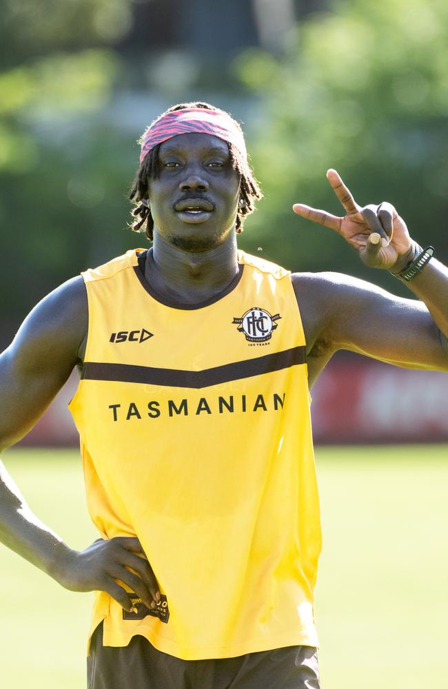 Mabior Chol will likely lead Hawthorn’s key forward attack to start the 2025 campaign, with Calsher Dear and Mitch Lewis to eventually join him. Picture: Tony Gough