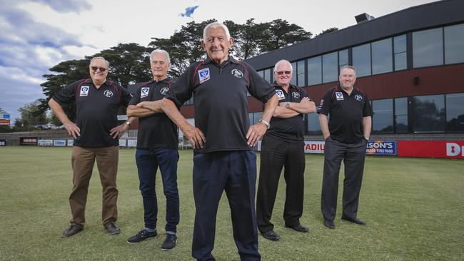 Frankston Football Club past players (from left) Alan Wickes, Ken Jungwirth, Bryan Mace, Gary Buckenara and Mick O’Neil during a membership drive last month. Picture: Wayne Taylor