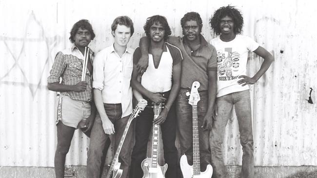 The Warumpi Band’s Gordon Butcher, Neil Murray, Sammy Butcher, Dennis Minor and George Rrurrambui in 1981