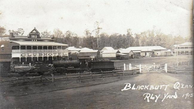 Club Hotel and railway yards, Blackbutt, 1915. This intersection of commerce and travel was central to the town’s development. Source: Unknown