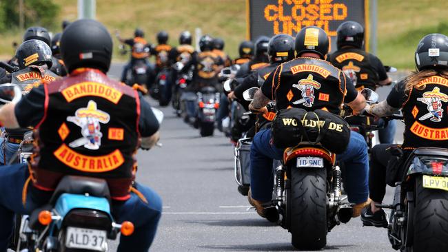Bandidos motorcycle gang members during a ride in Tasmania two years ago. New laws prevent five outlaw motorcycle gangs from displaying their insignia in public Picture: CHRIS KIDD