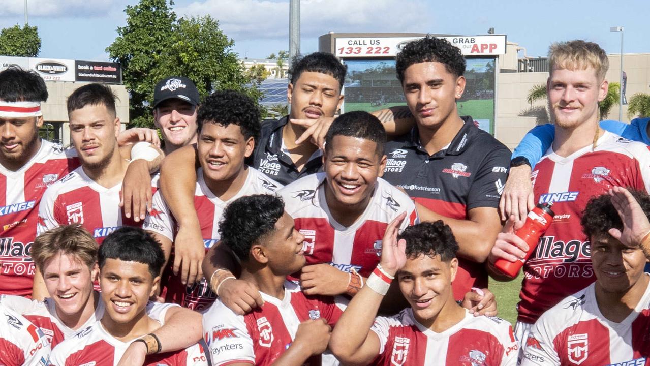 Loka Toia, centre, celebrating the Meninga Cup premiership. Picture: Richard Walker