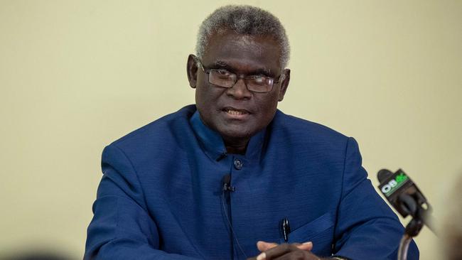 Solomon Islands Prime Minister Manasseh Sogavare speaks at a press conference. Picture AFP.