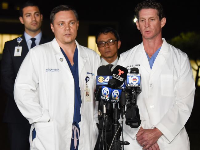 Dr. Igor Nichiporenko (L), Medical Director of Trauma Surgeons, and Dr. Evan Boyar (R), Medical Director of Emergency Surgeons, both of the Broward Health Emergency facility where victims of a shooting at Marjory Stoneman Douglas High School were treated. Picture: AFP