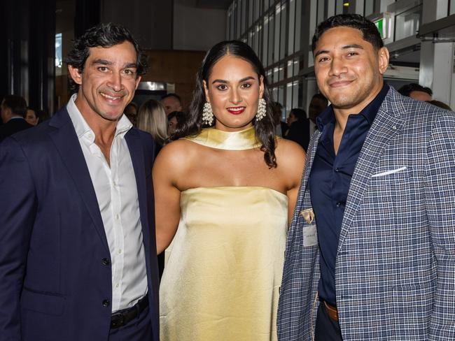 Johnathan Thurston, Liana LaRiva and Jason Taumalolo. Cowboys Awards Presentation Night. . Photo: Michael Chambers.