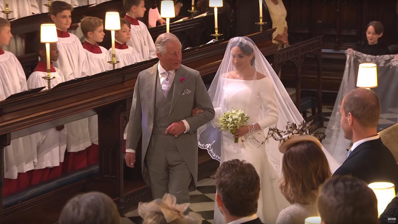 Meghan was instead walked down the aisle by her father-in-law, Prince Charles. Picture: BBC