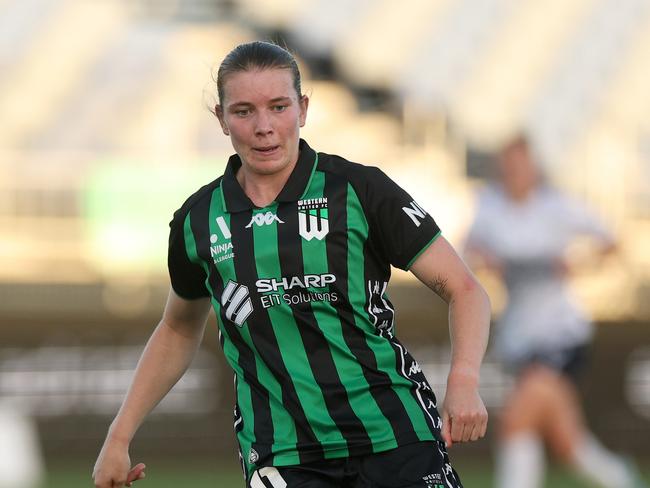 MELBOURNE, AUSTRALIA - MARCH 01: Kahli Johnson of Western United competes during the round 17 A-League Women's match between Western United and Melbourne Victory at Ironbark Fields, on March 01, 2025, in Melbourne, Australia. (Photo by Daniel Pockett/Getty Images)