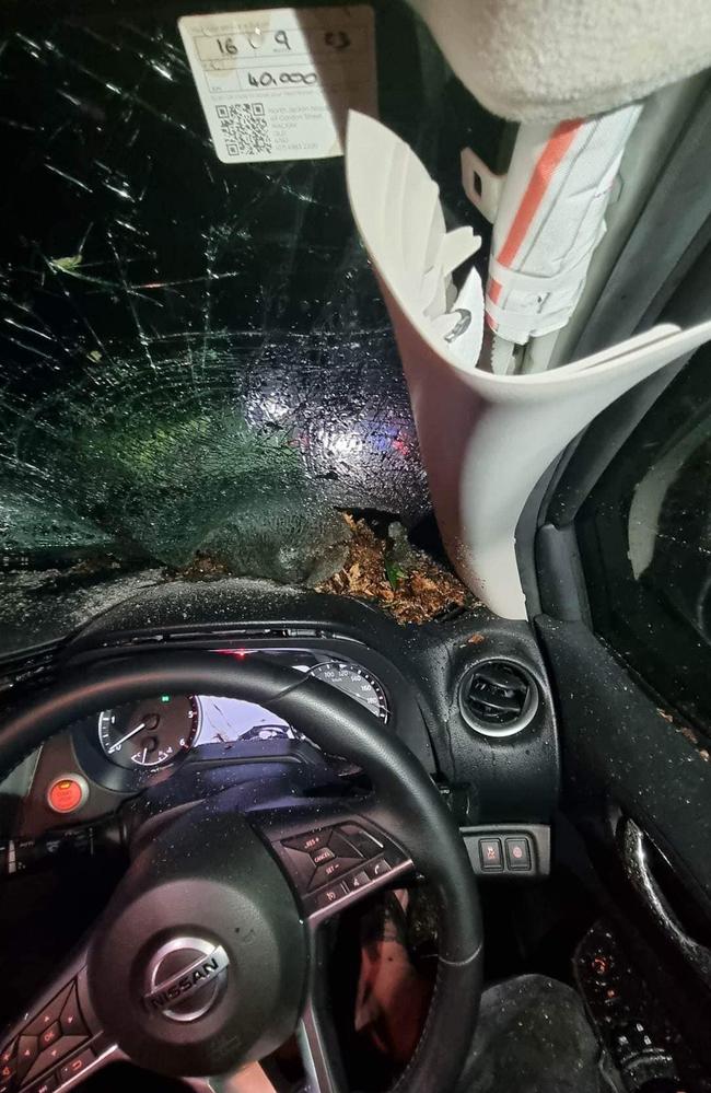 Chris Clarke's wife got a terrifying scare when a tree fell on her car during heavy rain along Dalrymple Rd in Eungella on Saturday night, January 14, 2023. Picture: Facebook