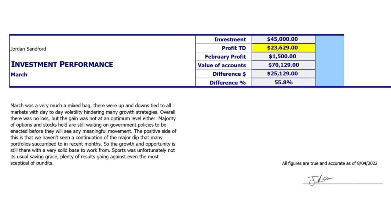 Mr Calvert sent monthly financial statements tracking his friends’ supposed investment returns. Picture: Supplied