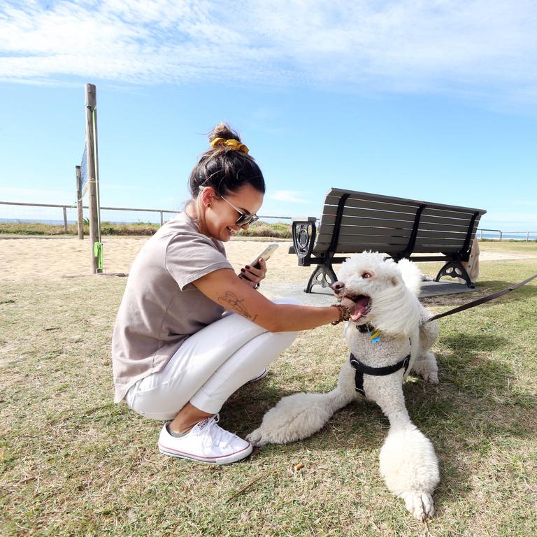 William Kentos with dog Kirby and Maddie Schmid and Marika Pavlovic. Picture by Richard Gosling