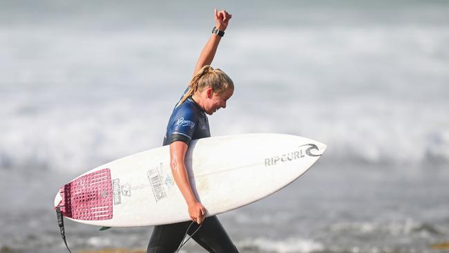 Ellie Harrison of Australia after winning through to the quarter-finals during the 2024 Rip Curl Pro Bells Beach on Wednesday. Picture: Getty Images