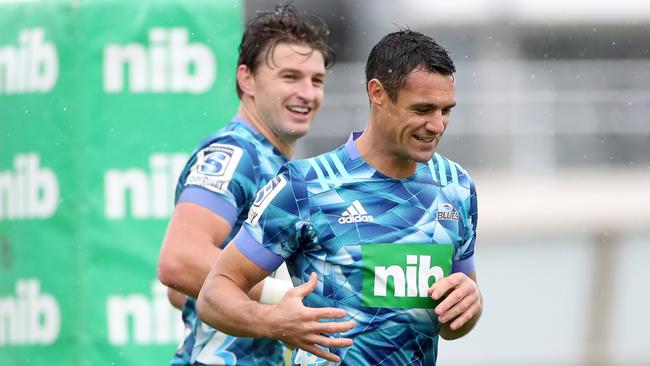 Dan Carter, front, and Beauden Barrett at Blues training in Auckland