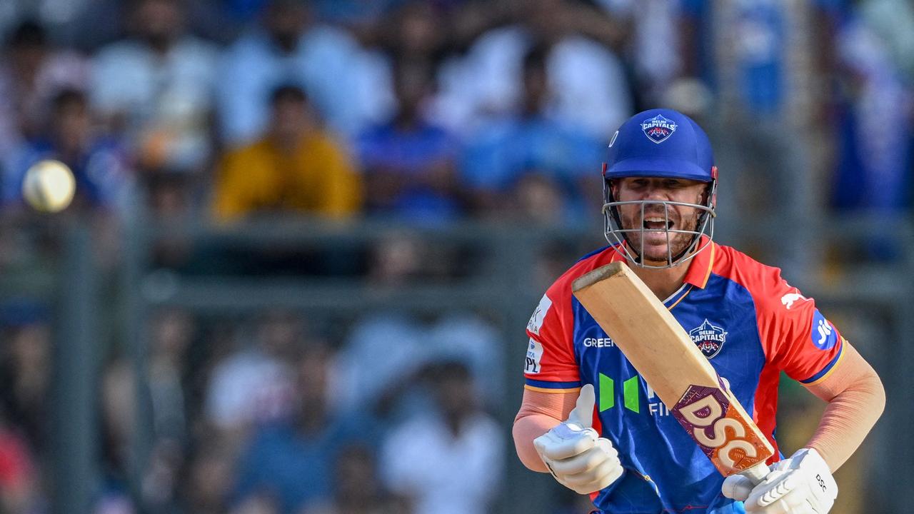 Delhi Capitals' David Warner reacts after playing a shot during the Indian Premier League. (Photo by INDRANIL MUKHERJEE / AFP)