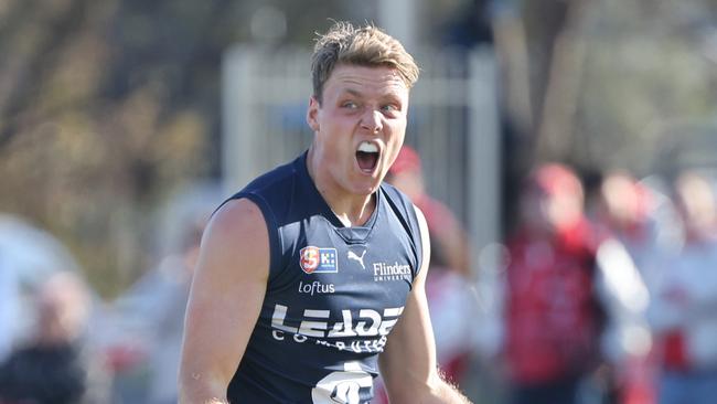 South Adelaide’s Ben Heaslip reacts after kicking a goal against North Adelaide at Noarlunga. Picture: SANFL/David Mariuz