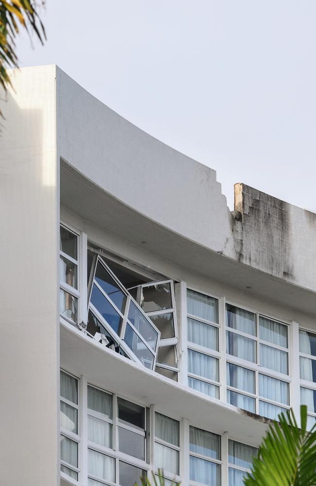 Scene of a helicopter crash on the roof top of the Double Tree Hilton hotel on the Cairns Esplanade. The chopper came in for a hard landing at around 1:50am on Monday. The police have set up a Public Safety Declaration zone along the Esplanade: Picture: NewsWire / Brendan Radke