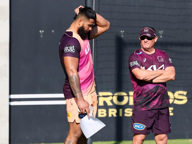 Payne Haas and Kevin Walters during training for the Brisbane Broncos. Picture: Tertius Pickard