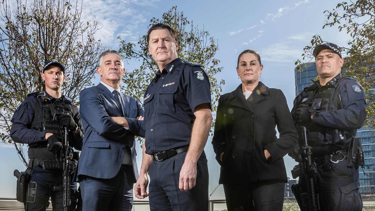 Victoria Police Chief Commissioner Shane Patton with taskforce members, Detective Inspector Anthony Brown, Sergeant Helen McCormack and Public Order Response Team officers. Picture: Jake Nowakowski