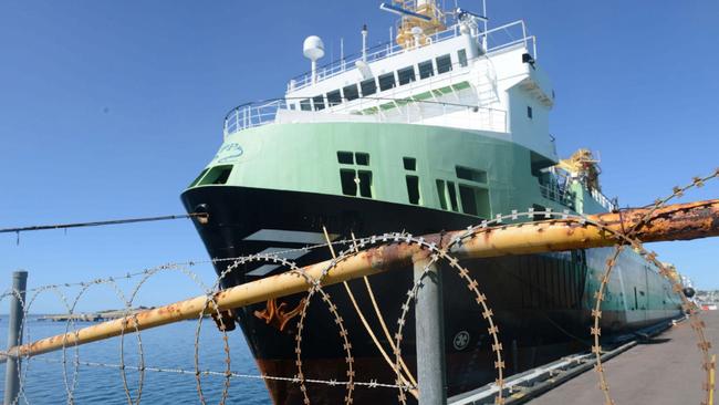 The Geelong Star — then known as the Abel Tasman — berthed behind razor wire in South Australia in 2012. Picture: IVON PERRIN