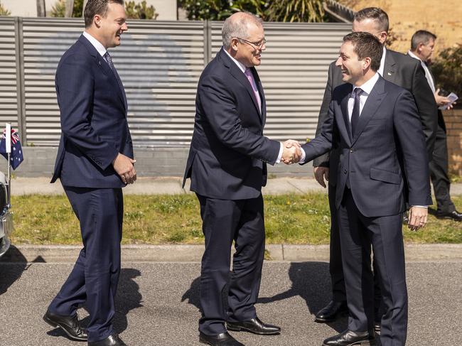 PM Scott Morrison with Matthew Guy in Frankston on September 7. Picture: AAP Image/Daniel Pockett