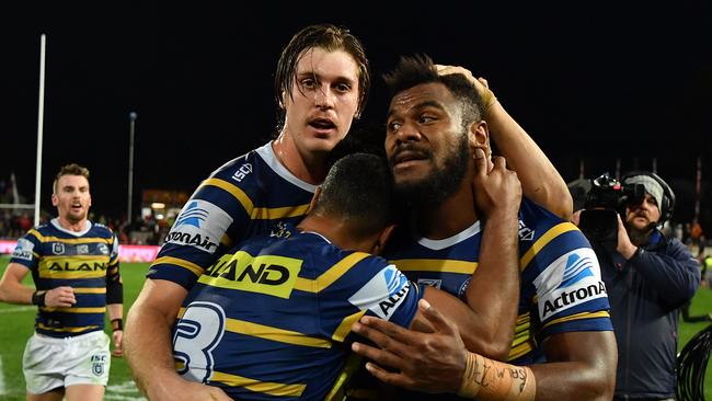 Maika Sivo and the Eels celebrate during the win over the Dragons. Picture: AAP