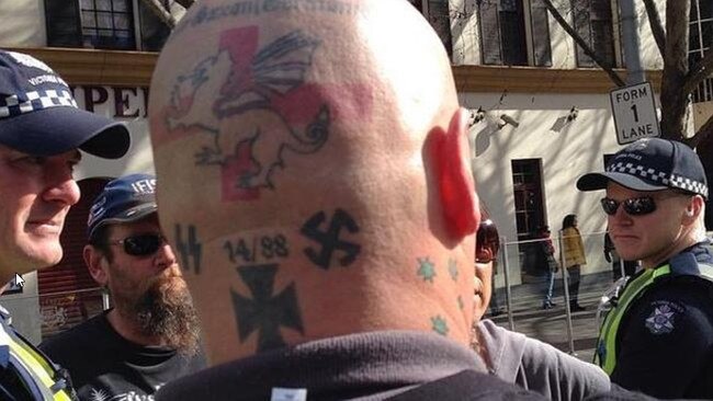 This man displayed a swastika tattoo at a Reclaim Australia rally. Picture: Supplied