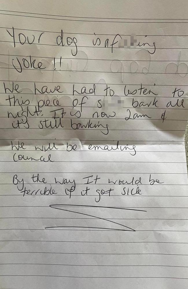 A note sent to a householder in Helensvale about a barking dog.