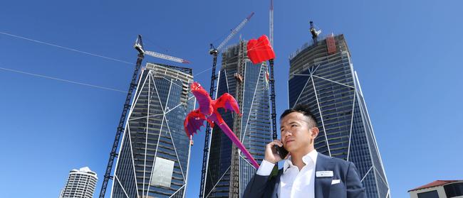 Sydney-based Mr Huang of Yuhu Group visiting the Jewel towers on the Gold Coast. A source has told the Bulletin ‘money is no object’ and the project is not dependent on sales for completion, which is scheduled for mid-2019. Picture Glenn Hampson