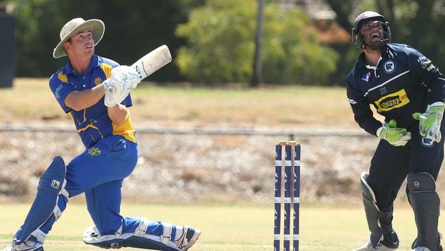 Williamstown captain-coach Brent McMinn on his way to 48 against Hoppers Crossing on Saturday. Picture: Hamish Blair