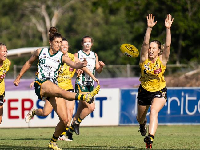 Jaz Hewitt under pressure during Round 7 of the NTFL Women's Premier League competition. Picture: Jack Riddiford / AFLNT Media