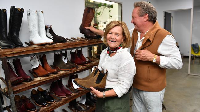 Nicola and Andrew Forrest last year at the RM Williams manufacturing floor in Salisbury. Picture: Keryn Stevens