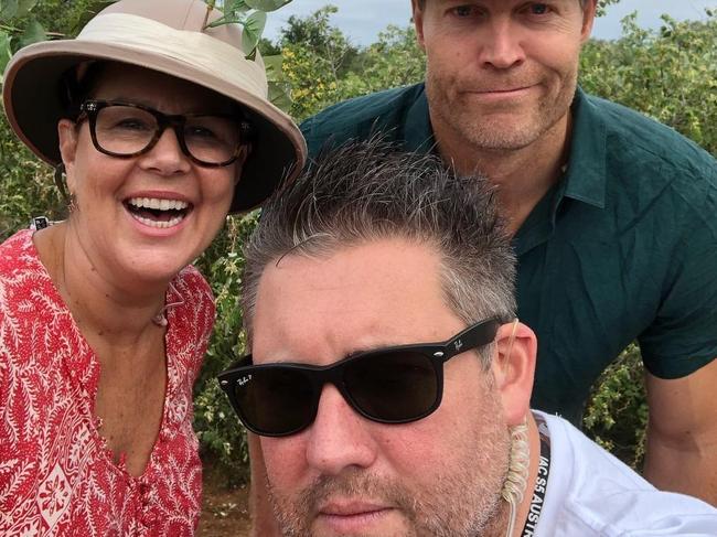 Alex Mavroidakis (centre) on set of I'm A Celebrity with hosts Julia Morris and Chris Brown.